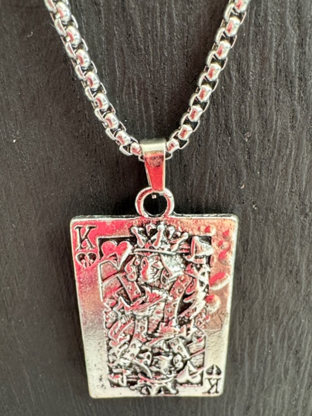 Men's Silver Skull King of Hearts Pendant Necklace - Card Design